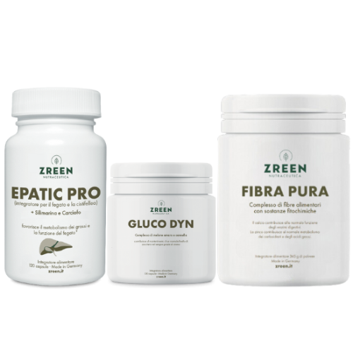 Packshots di 1 ZREEN Epatic Pro, 1 ZREEN Gluco Dyn e 1 ZREEN Fibra Pura