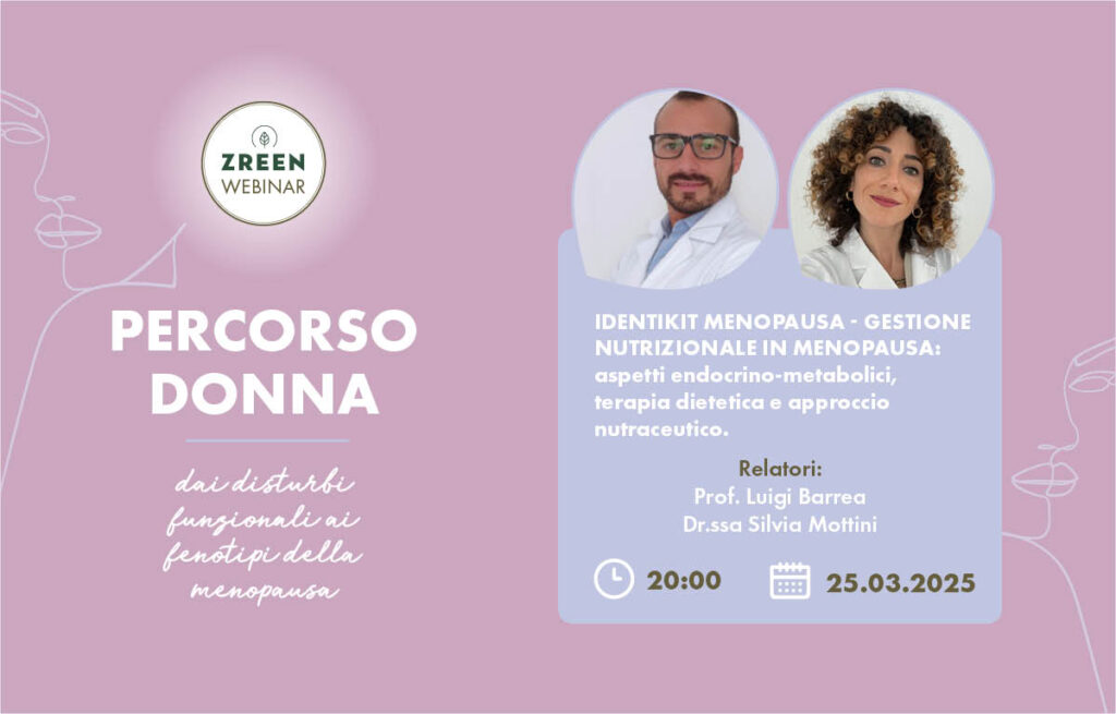 Copertina webinar: info evento e foto profilo dei relatori Dr.ssa Silvia Mottini e Prof. Luigi Barrea