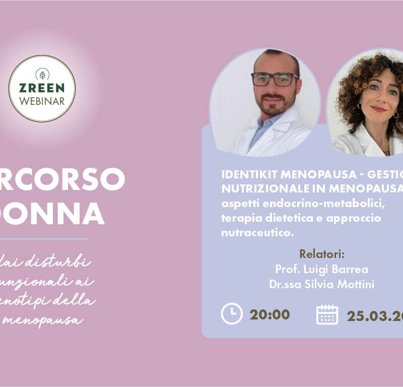 Copertina webinar: info evento e foto profilo dei relatori Dr.ssa Silvia Mottini e Prof. Luigi Barrea